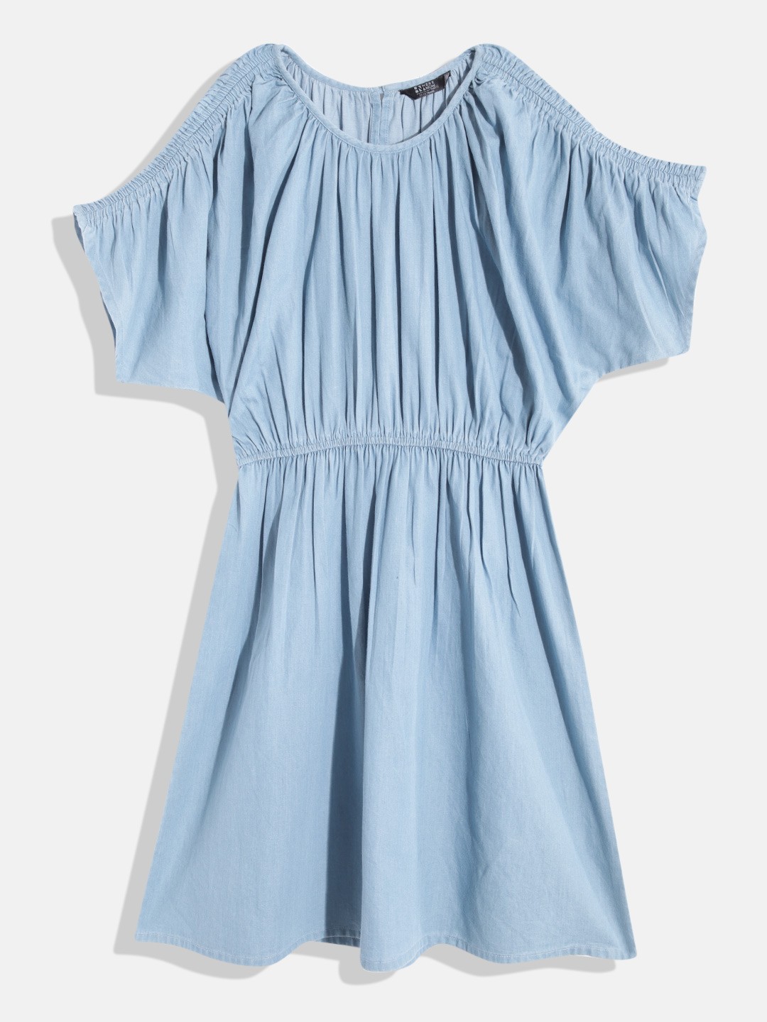 

HERE&NOW Girls Batwing Sleeves Pure Cotton Denim A-Line Midi Dress, Blue