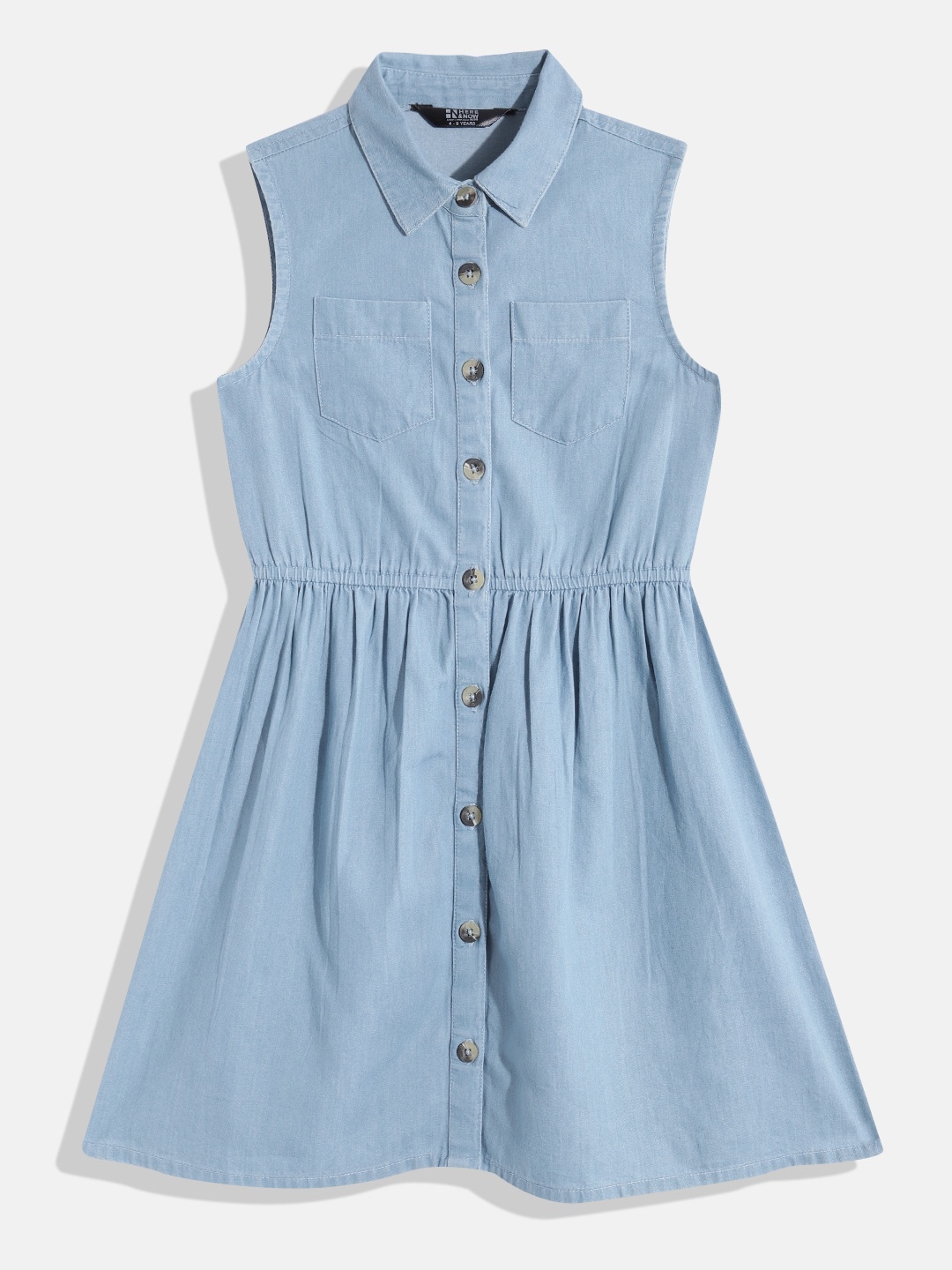 

HERE&NOW Girls Pure Cotton Denim A-Line Midi Dress, Blue