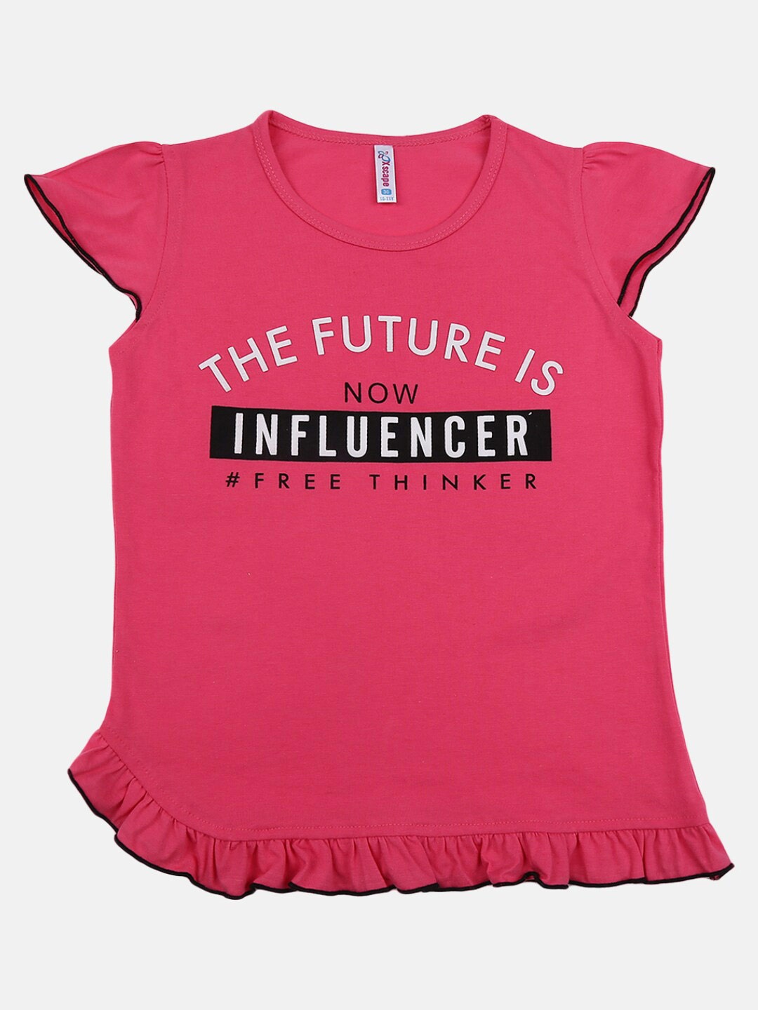 

V-Mart Girls Typography Cap Sleeve Ruffle Detail Cotton T-shirt, Fuchsia