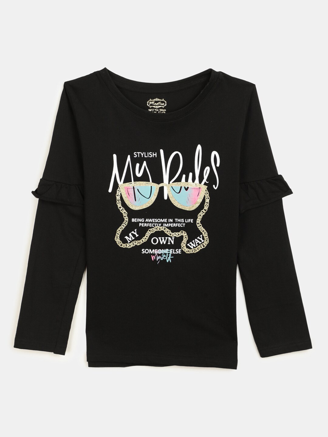

V-Mart Girls Graphic Printed Long Sleeve Ruffle Detail Cotton T-shirt, Black