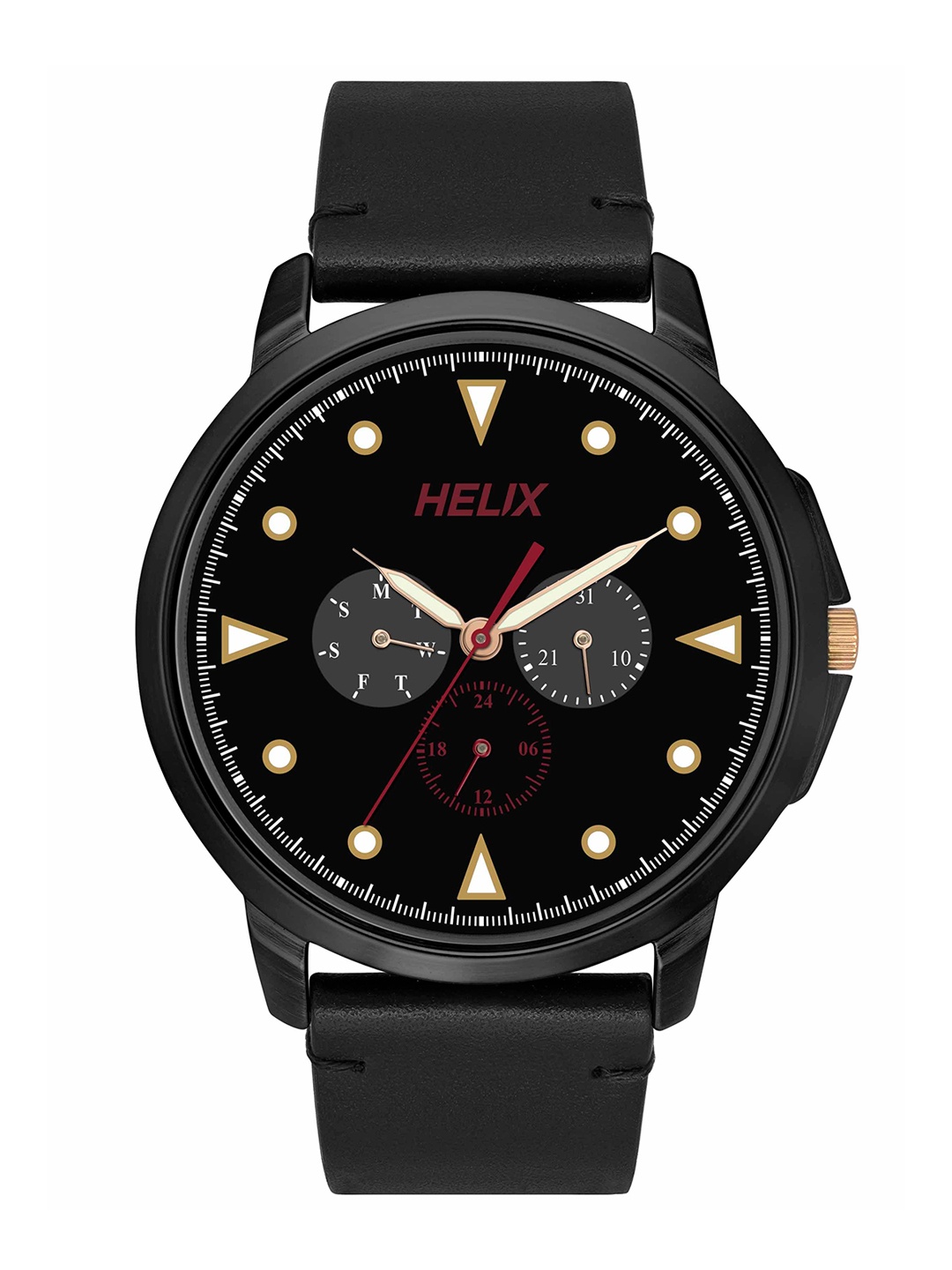 

Helix Men Brass Dial & Leather Straps Analogue Watch TW027HG36, Black