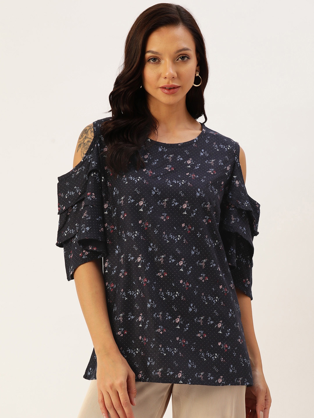 

WISSTLER Floral Print Cold-Shoulder Ruffles Cotton Top, Navy blue