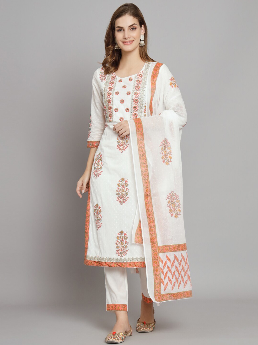 

PREKSHA Floral Embroidered Sequinned Pure Cotton Kurta With Trousers & Dupatta, White