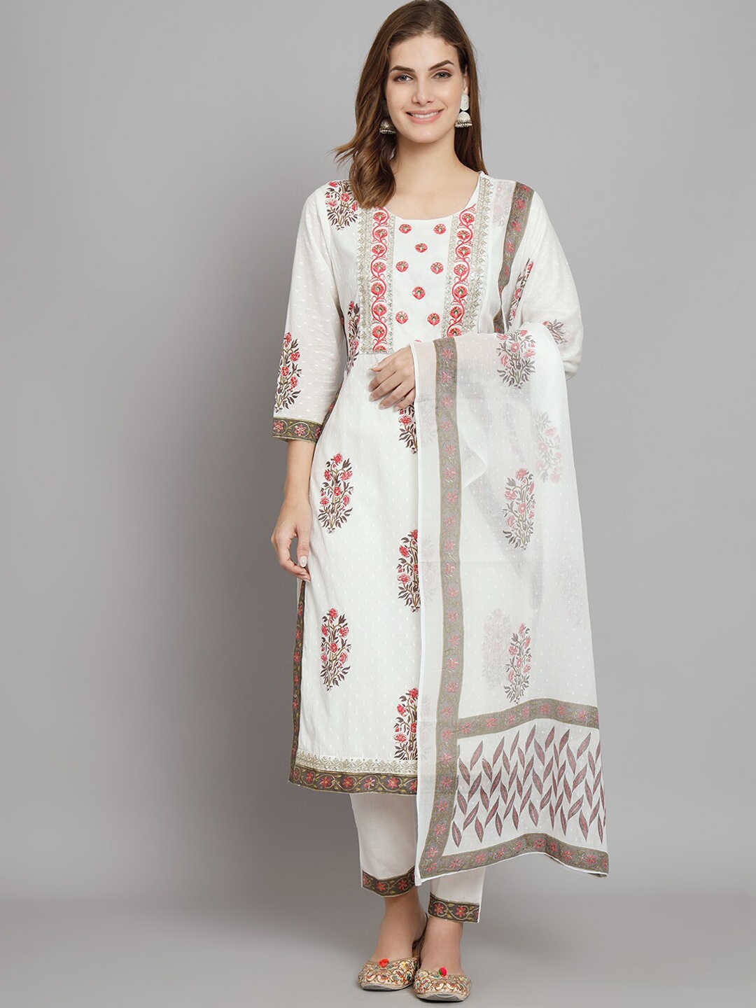 

PREKSHA Floral Printed Thread Work Pure Cotton Kurta With Trousers & Dupatta, White