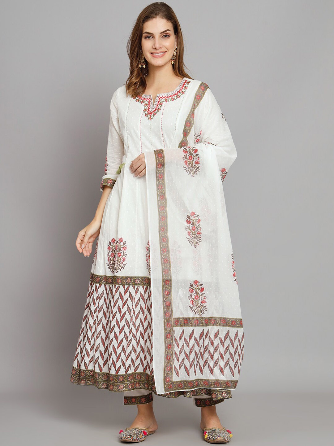 

PREKSHA Floral Printed Thread Work Pure Cotton Kurta With Trousers & Dupatta, White
