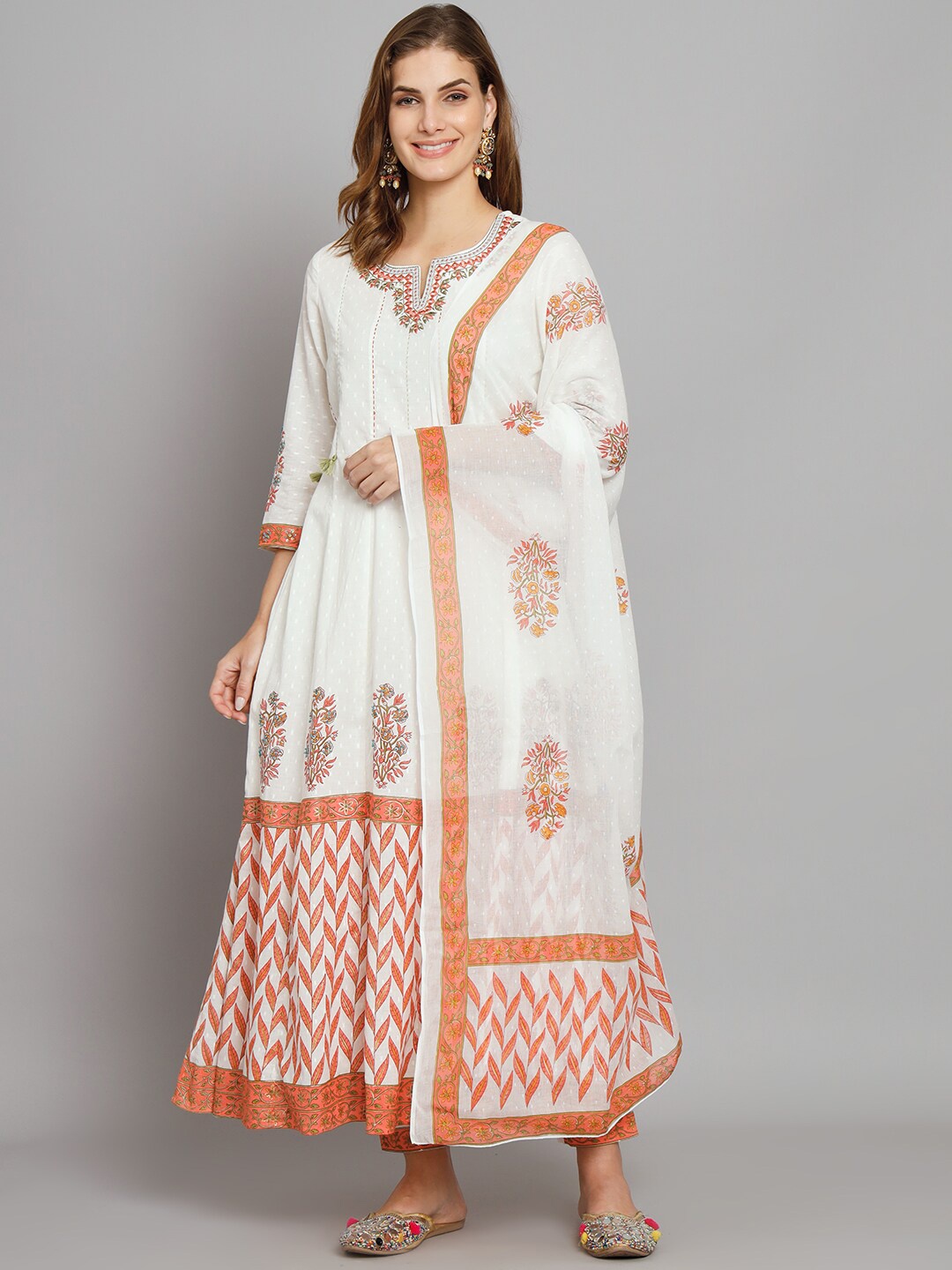 

PREKSHA Floral Embroidered Mirror Work Pure Cotton Kurta With Trousers & Dupatta, White