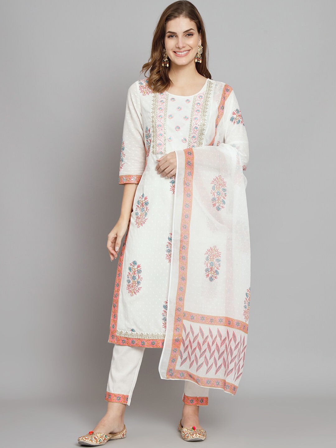 

PREKSHA Floral Printed Thread Work Pure Cotton Kurta With Trousers & Dupatta, White