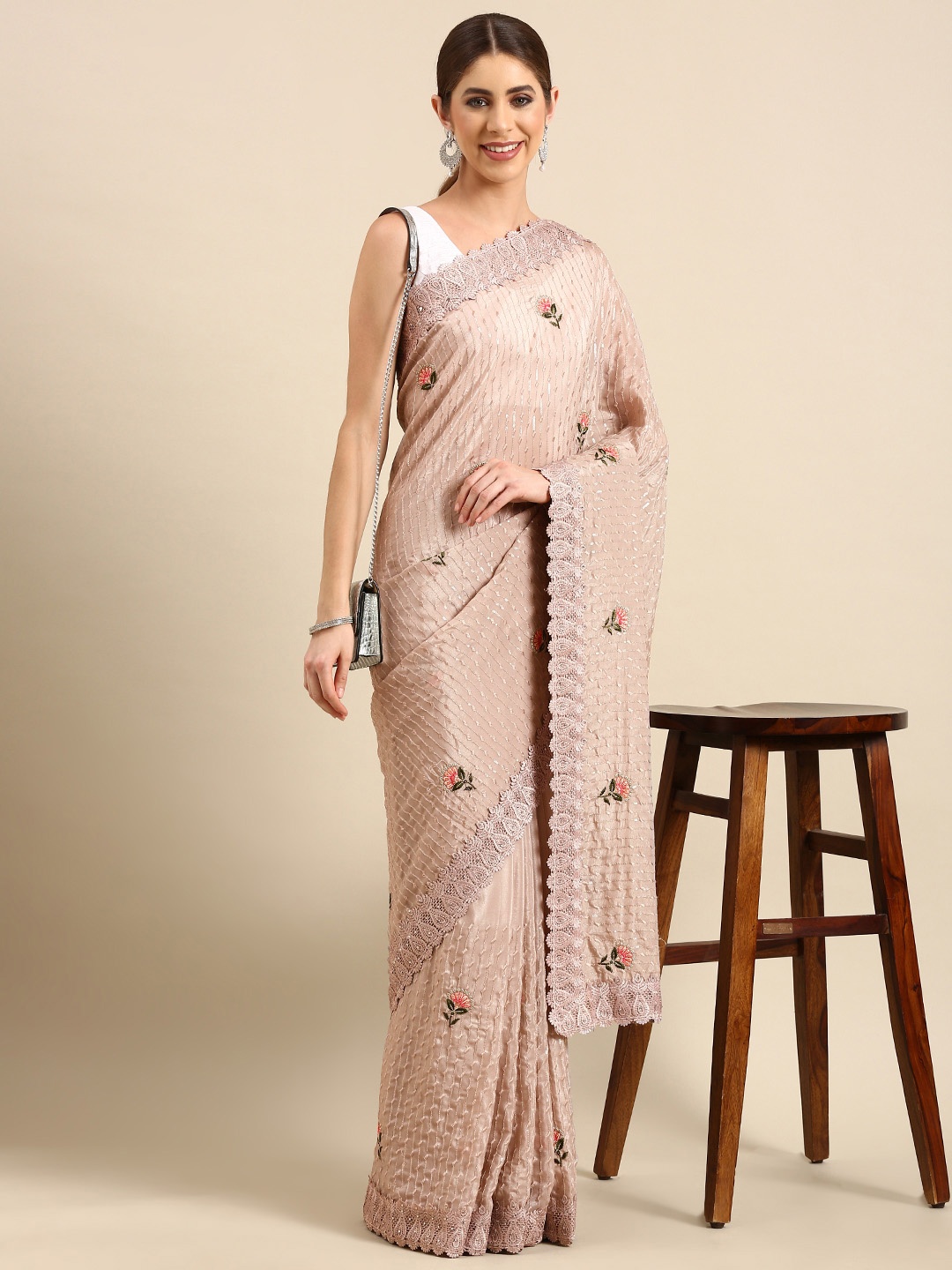 

Pothys Floral Embroidered Sequinned Pure Georgette Saree, Taupe