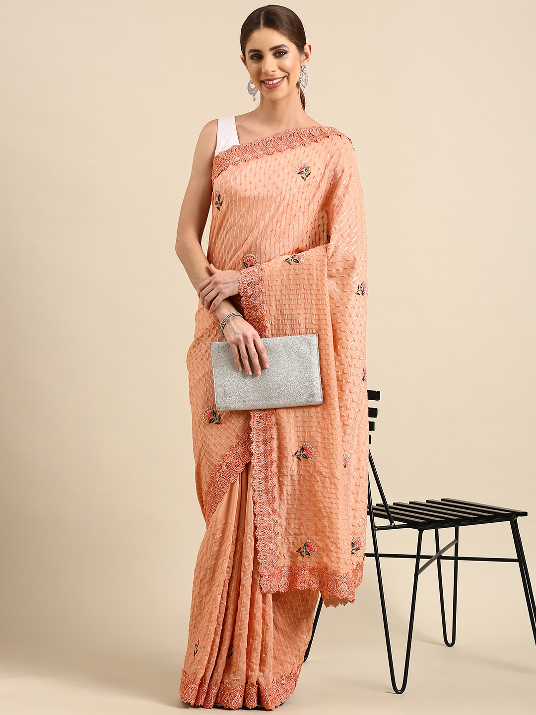 

Pothys Floral Embroidered Sequinned Pure Georgette Saree, Peach