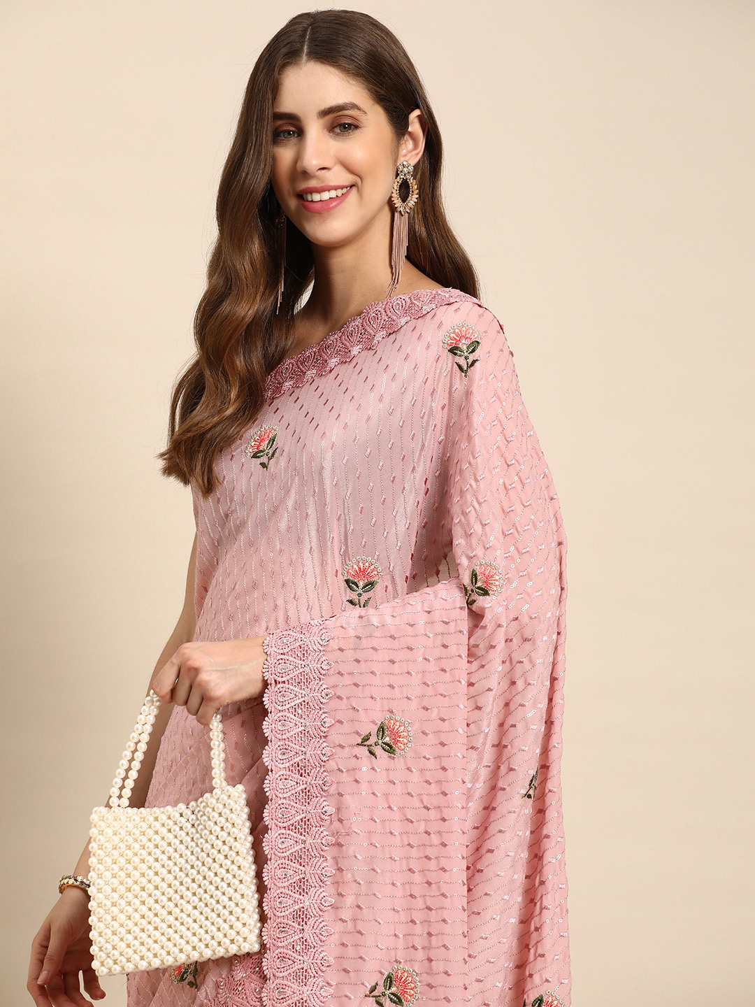 

Pothys Floral Embroidered Sequinned Pure Georgette Saree, Pink