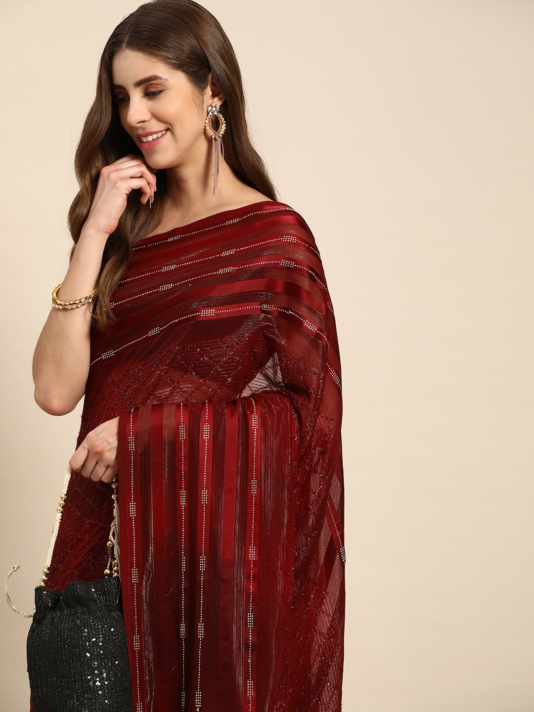 

Pothys Embellished Beads & Stones Pure Georgette Saree, Maroon