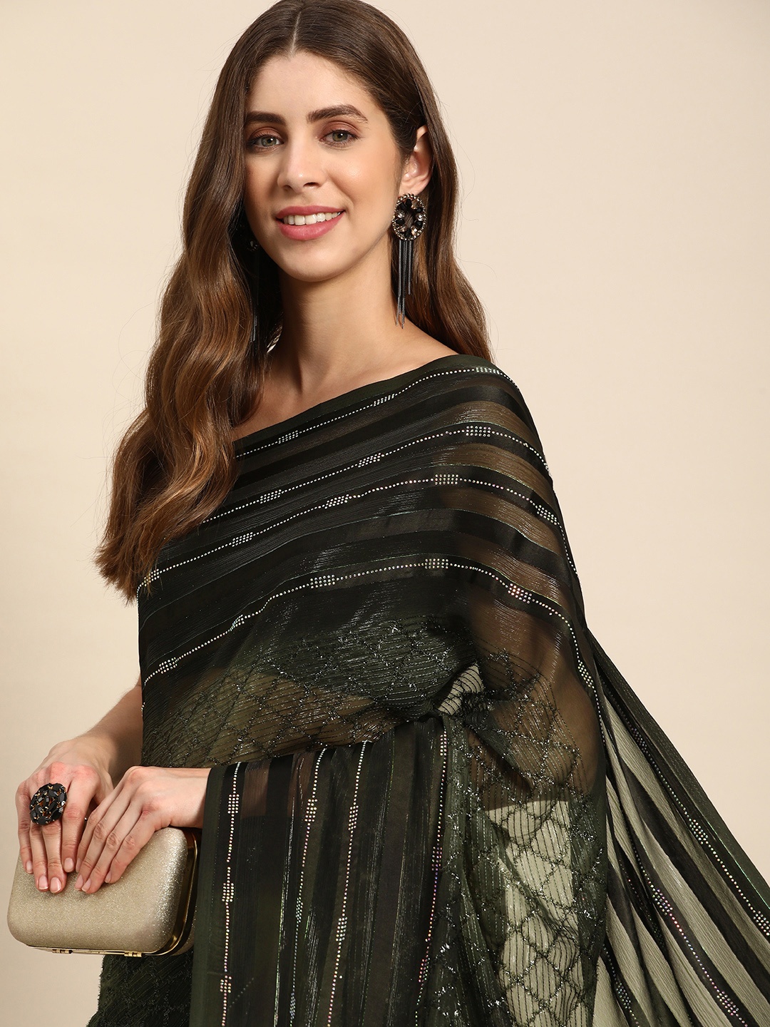 

Pothys Embellished Beads & Stones Pure Georgette Saree, Green