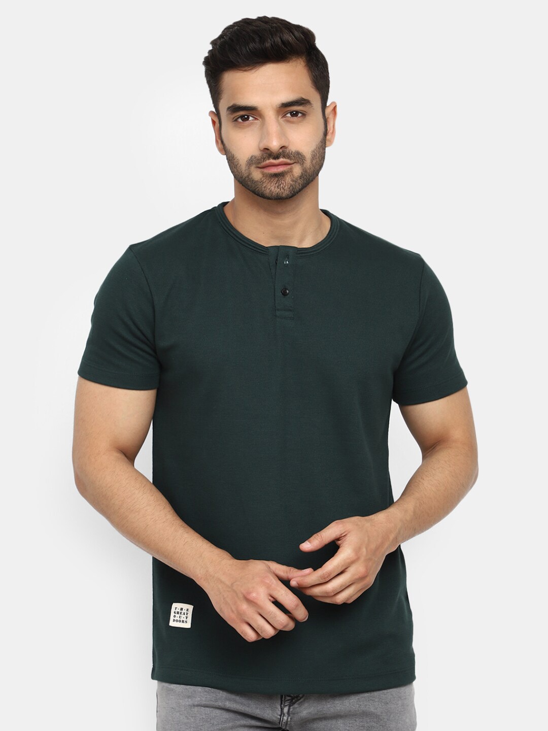 

V-Mart Henley Neck Cotton T-shirt, Green