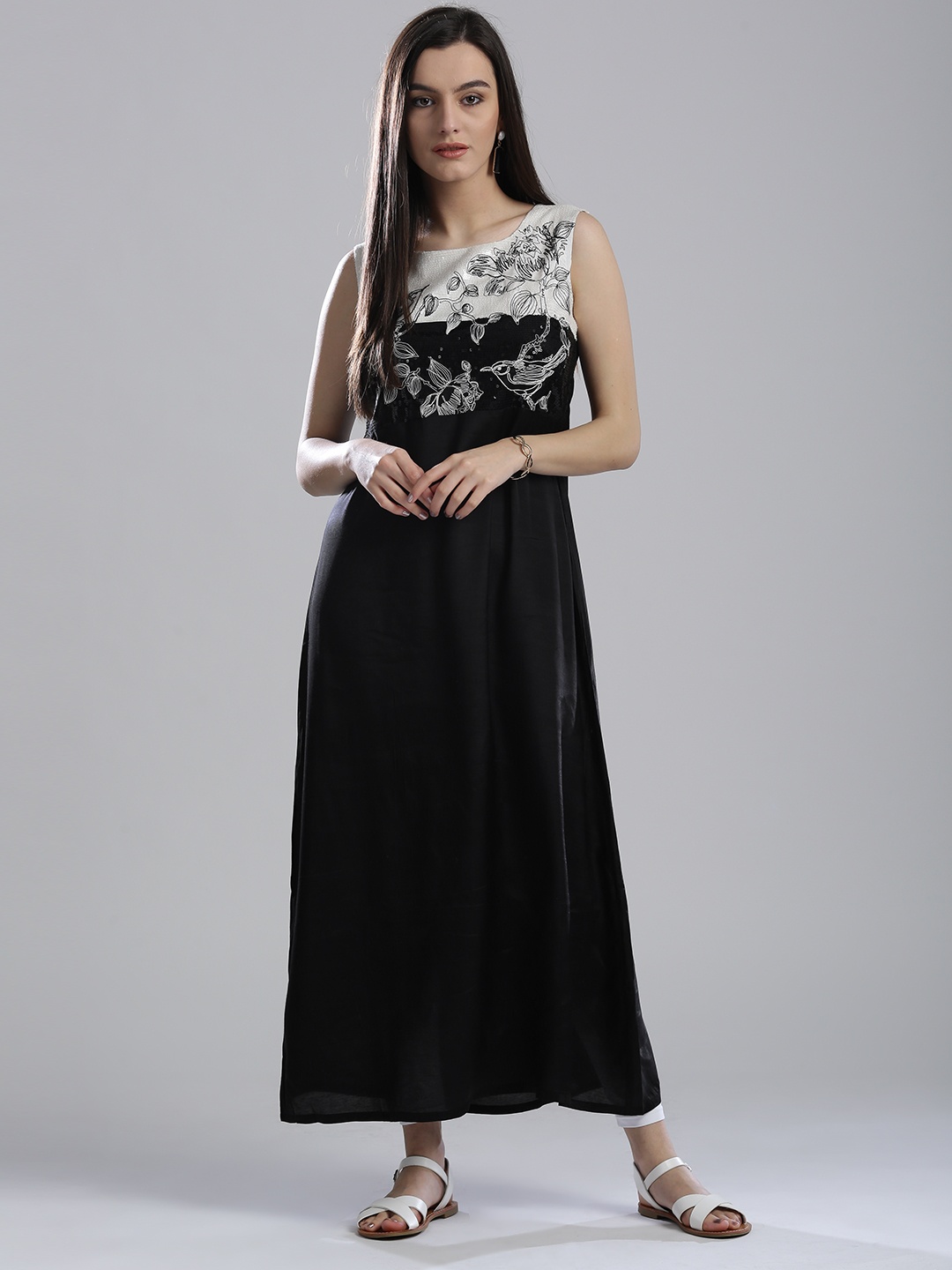 

Wishful by W Women Black & White Embroidered A-Line Kurta