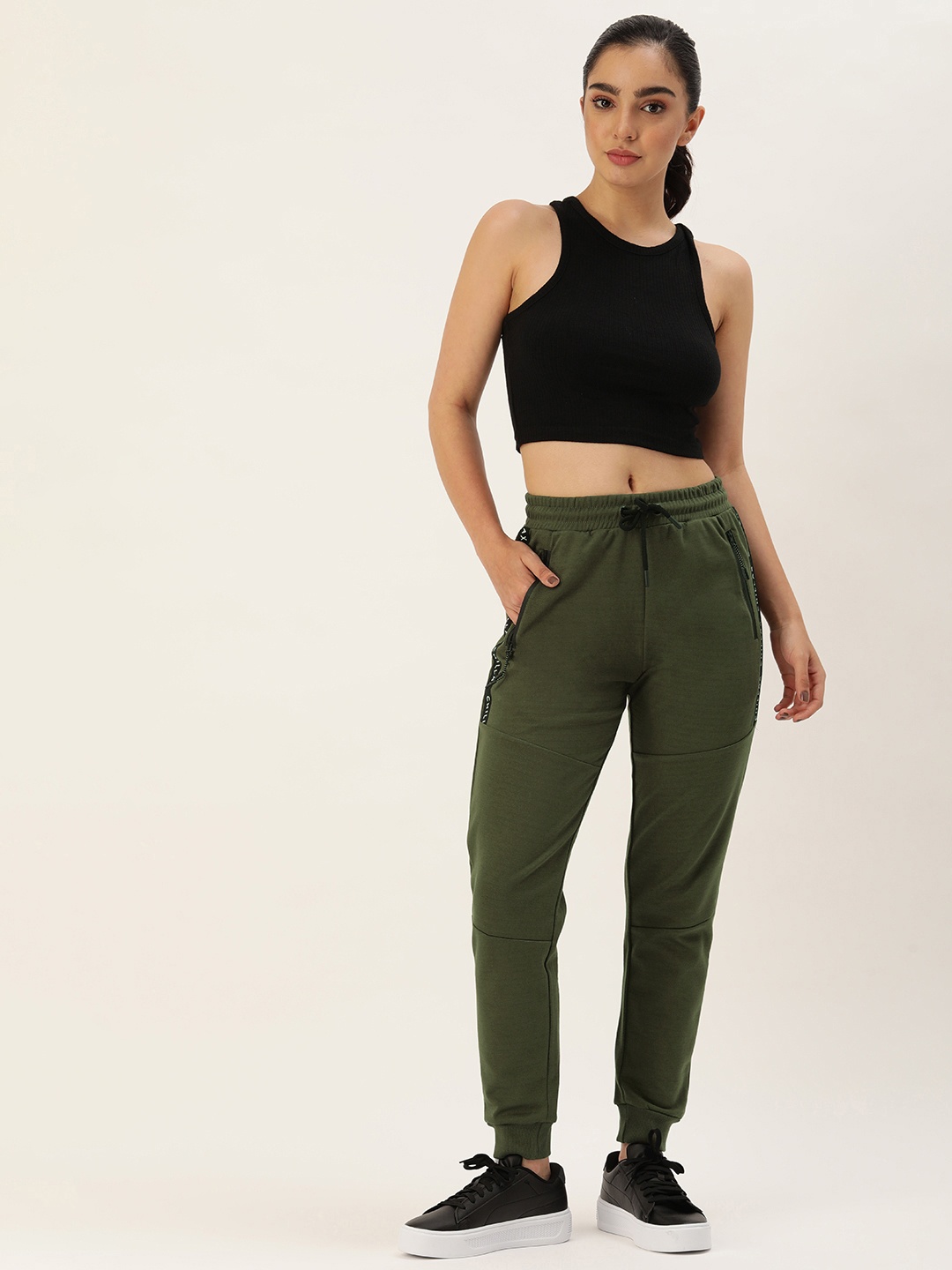 

Bene Kleed Women Knitted Side Striped Joggers, Olive