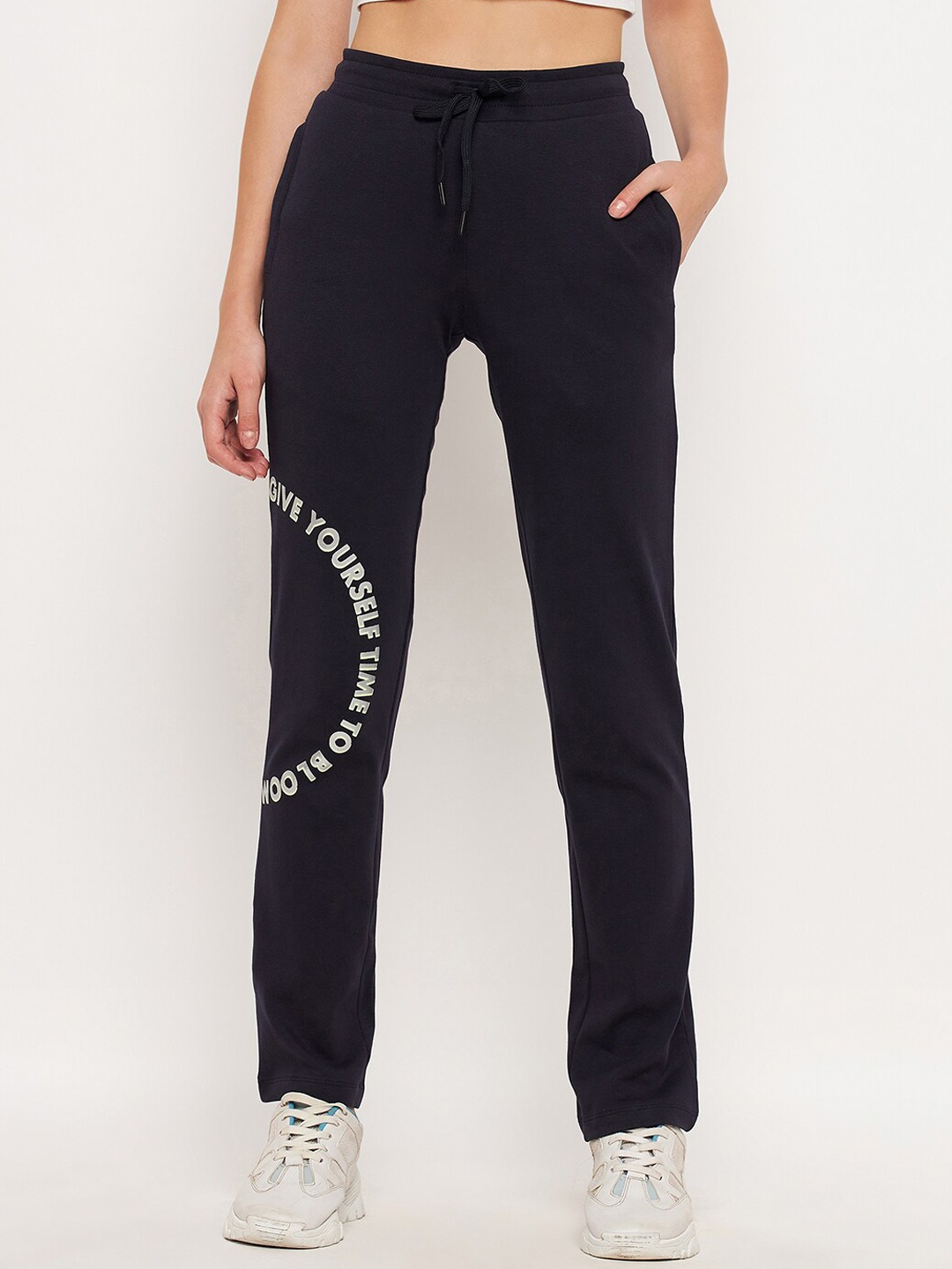 

MADAME M SECRET Women Typography Printed Cotton Track Pant, Navy blue