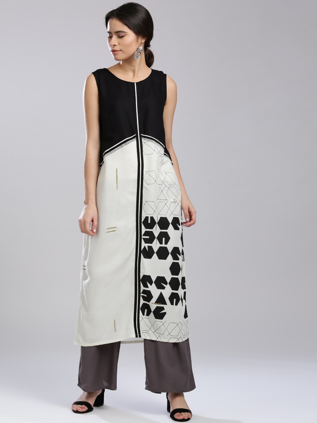 

W Women White & Black Printed A-Line Sustainable Kurta