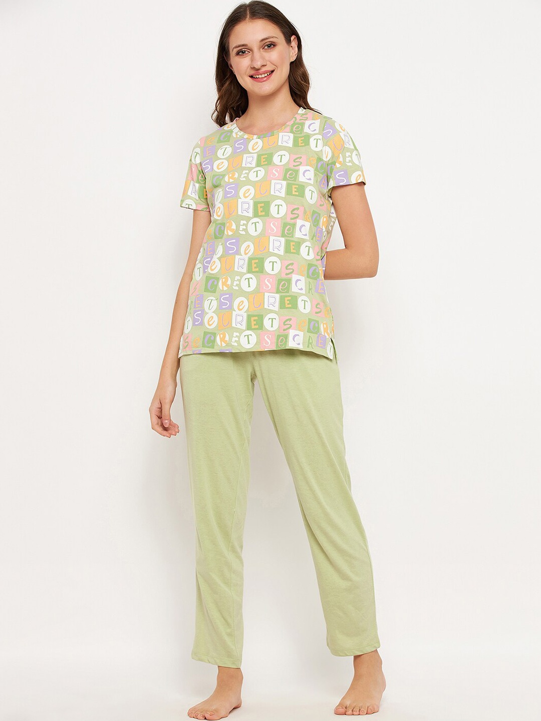 

MADAME M SECRET Typography Printed Night Suit, Lime green