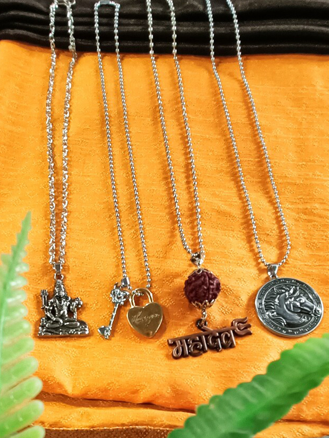 

FEMMIBELLA Men Set of 4 Silver-Plated Pendant with Chain