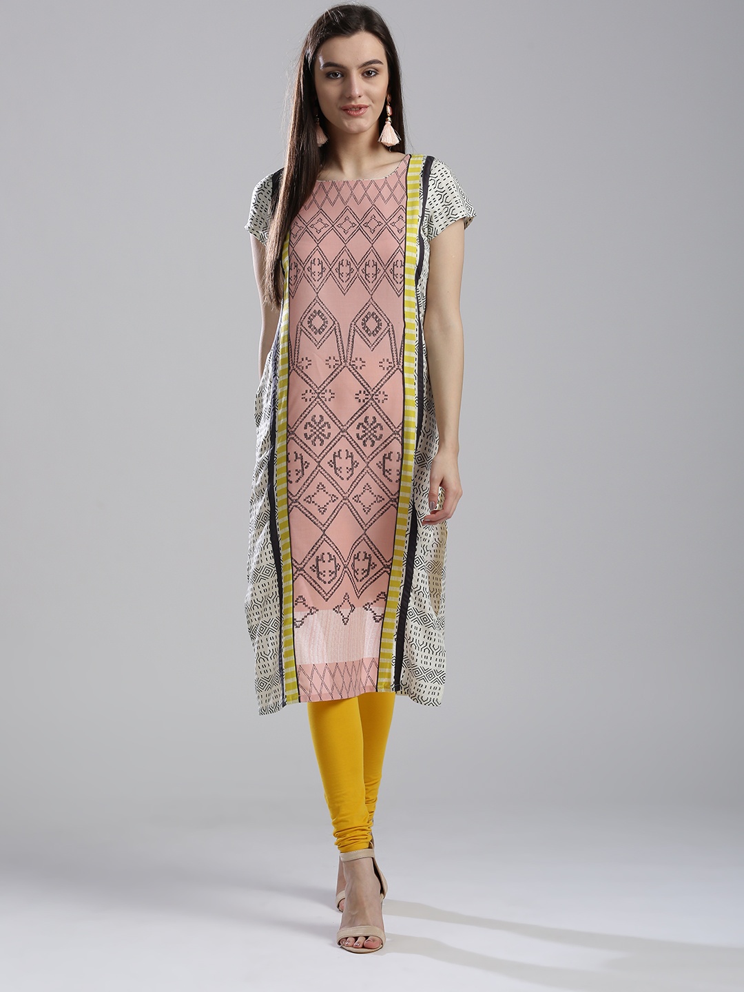 

W Women Pink & Off-White Printed Straight Kurta