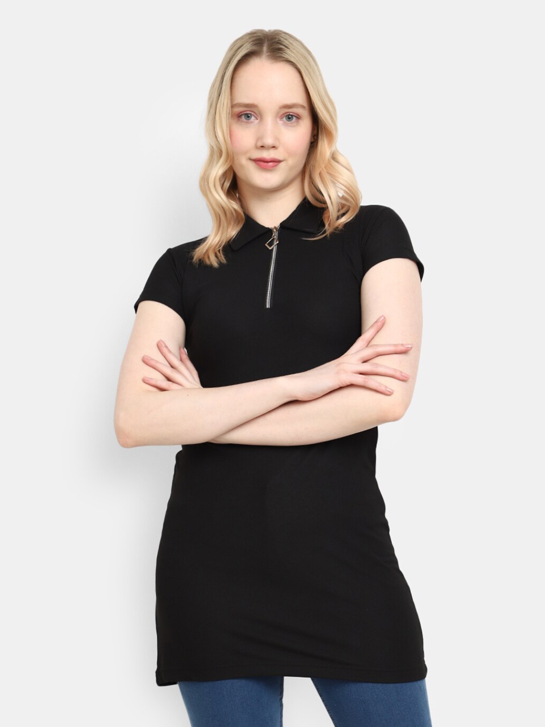 

V-Mart Polo Collar Longline T-shirt, Black