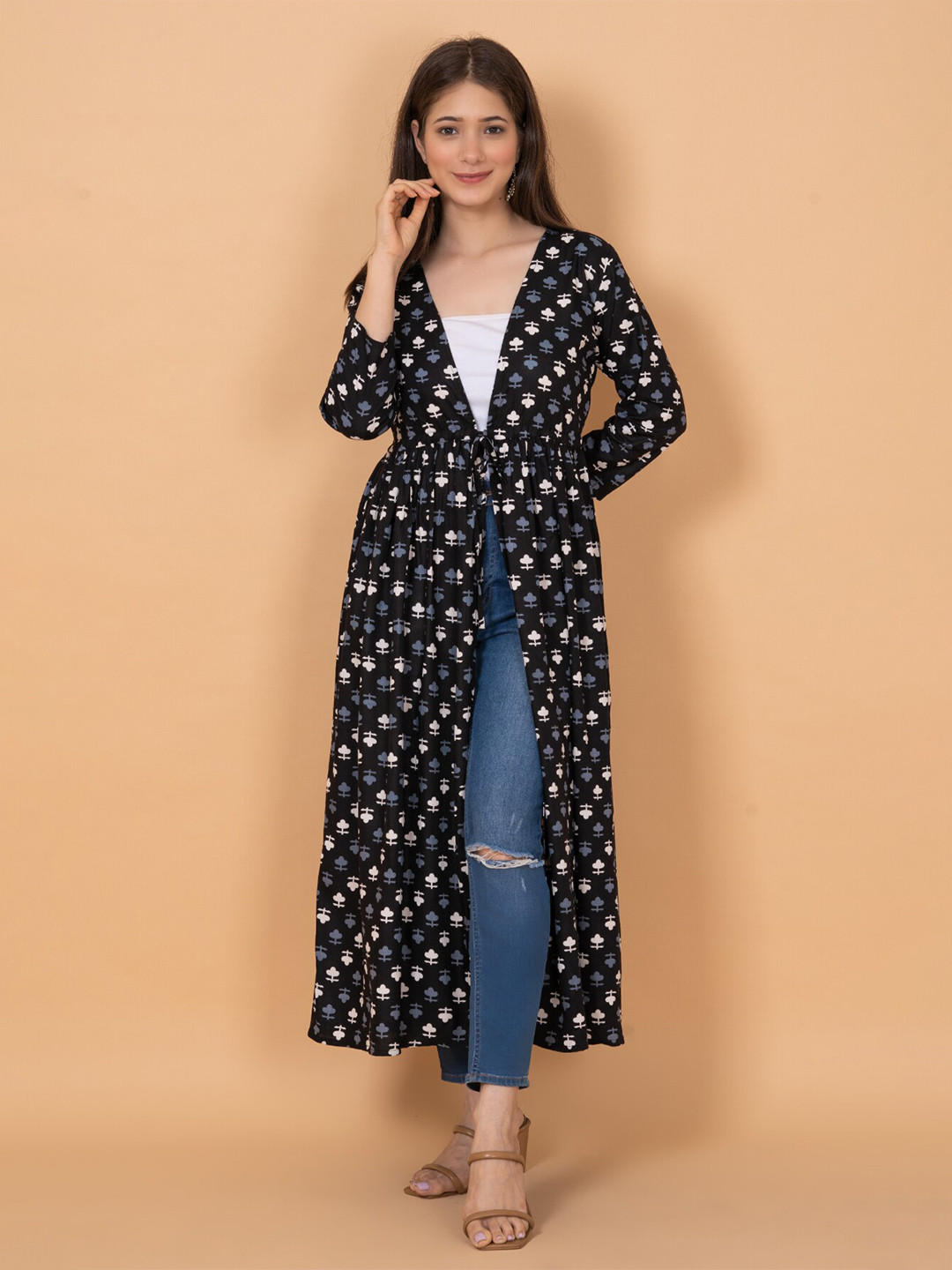 

DAEVISH Women Floral Printed Longline Tie-Up Shrug, Black
