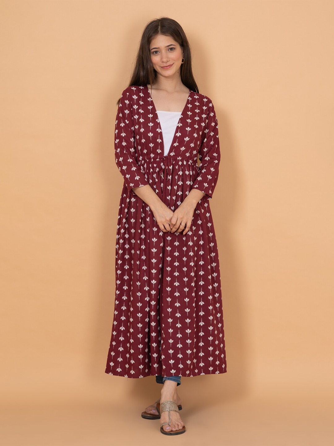 

DAEVISH Women Printed Longline Tie-Up Shrug, Maroon