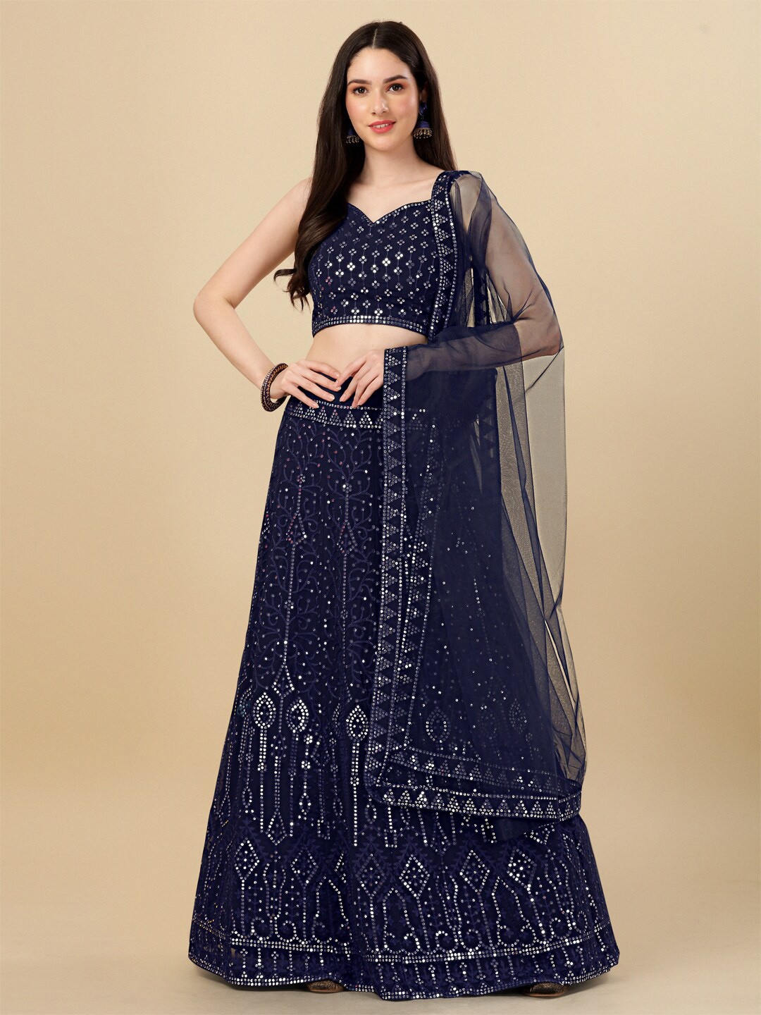 

Fashionuma Embroidered Sequinned Semi-Stitched Lehenga Choli With Dupatta, Navy blue