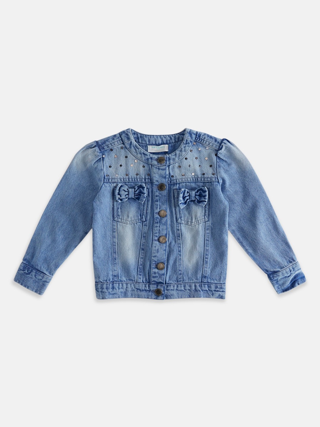 

Pantaloons Junior Girls Washed Crop Denim Jacket with Sequined, Blue
