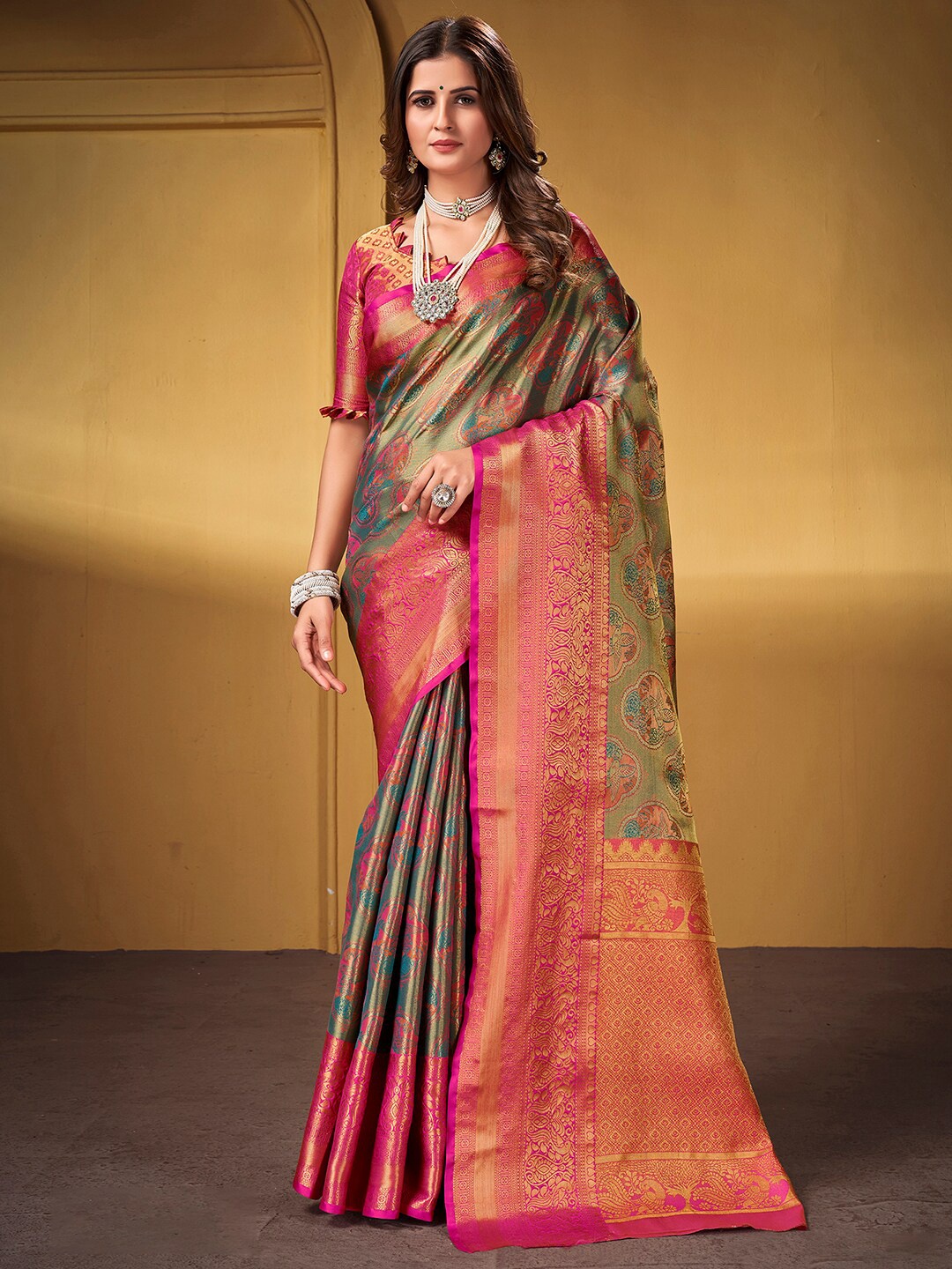 

Satrani Green & Pink Woven Design Zari Silk Blend Saree