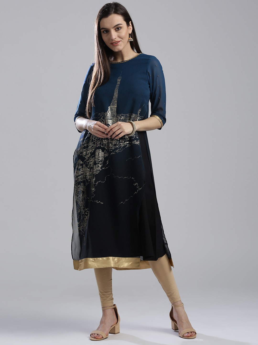 

WISHFUL by W Women Navy & Black Quirky Printed Layered A-Line Kurta, Navy blue