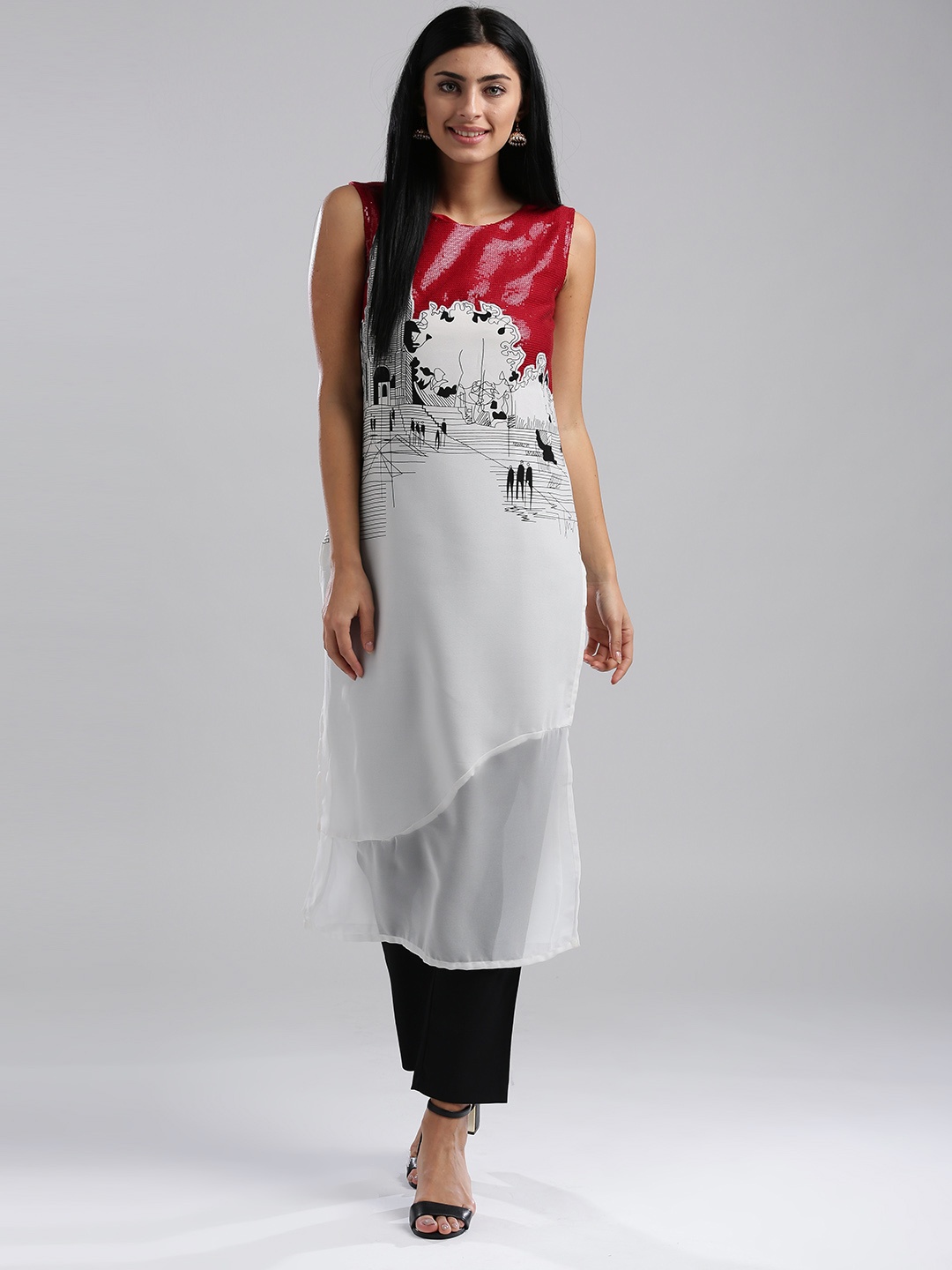 

Wishful by W Women White & Red Printed Straight Kurta