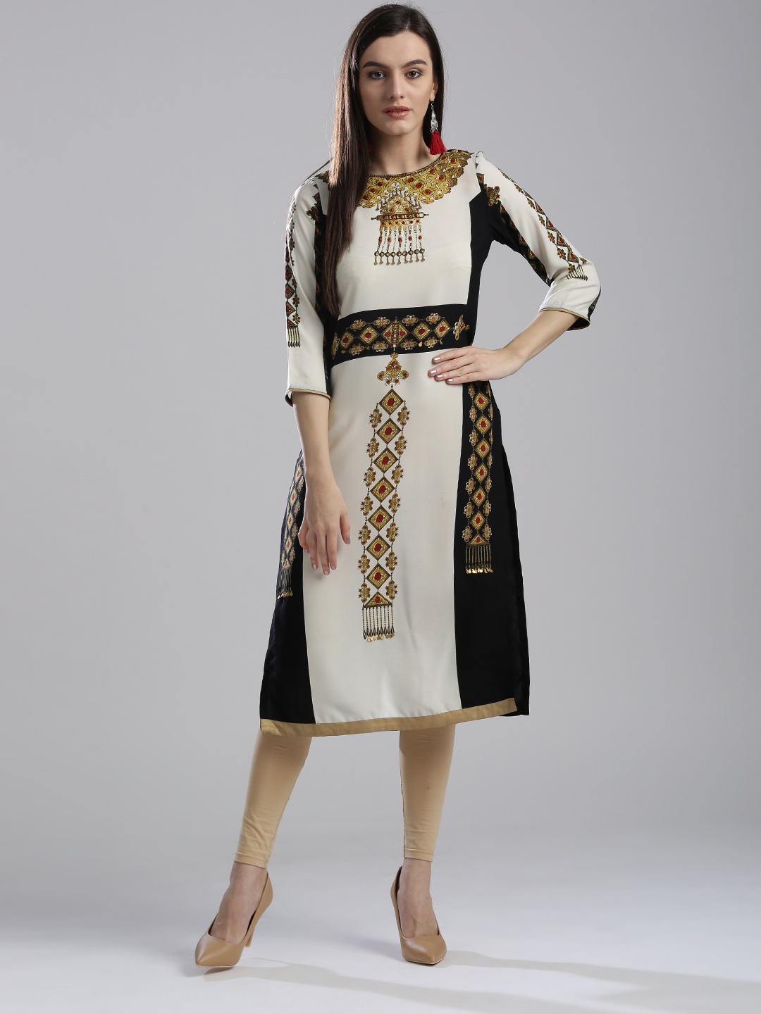 

WISHFUL by W Women Off-White & Black Printed Straight Kurta