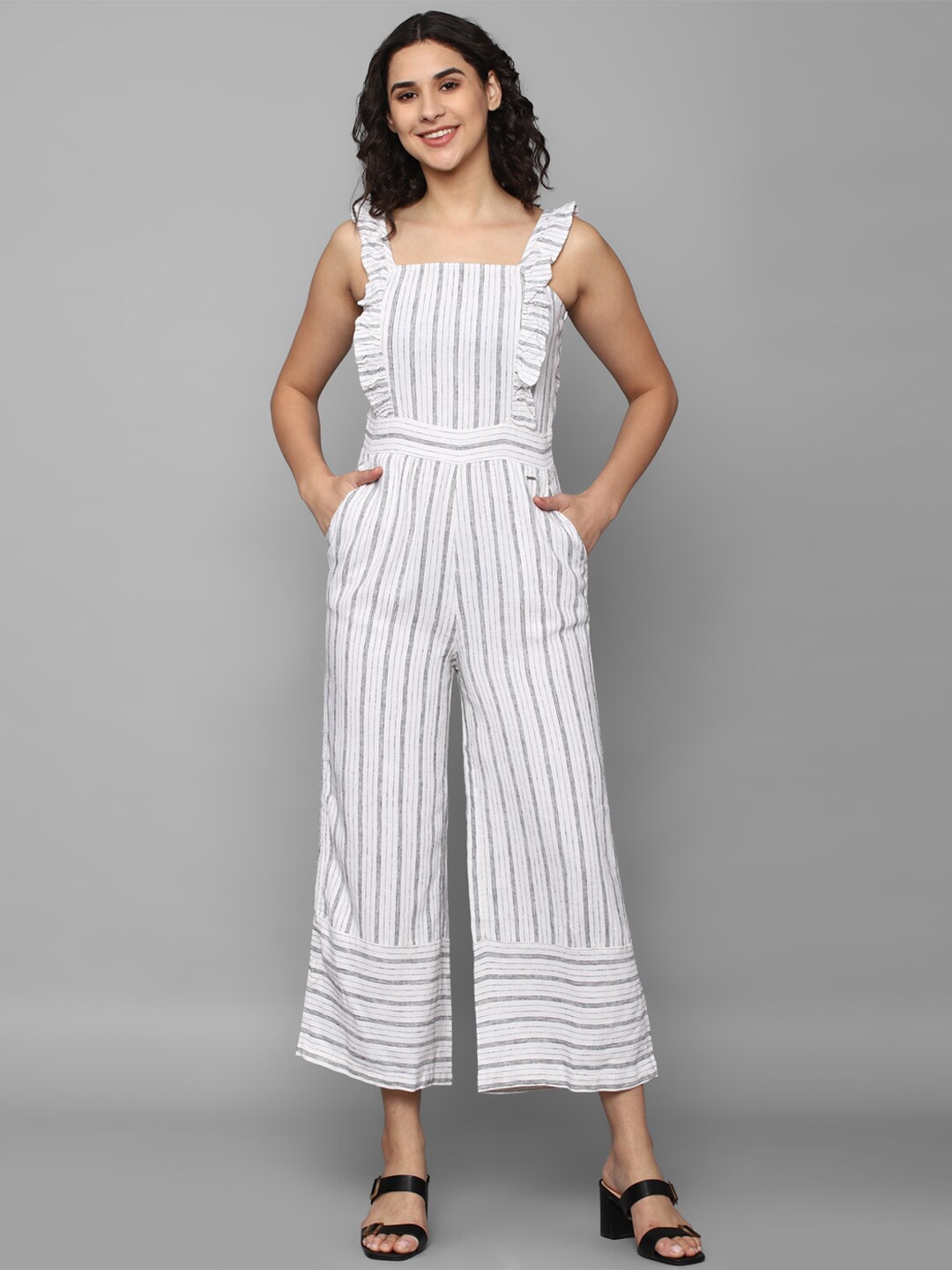

Allen Solly Woman Striped Linen Basic Jumpsuit With Ruffles, White