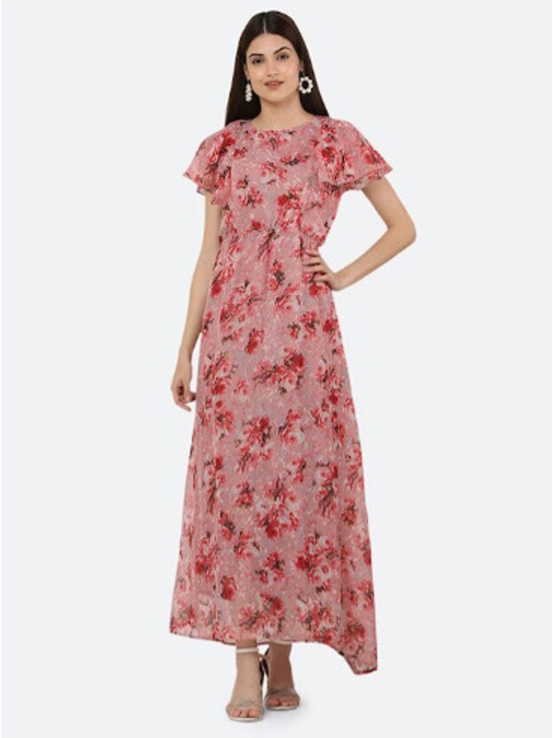 

Ashnaina Floral Printed Flared Sleeve Georgette Maxi A-Line Dress, Peach
