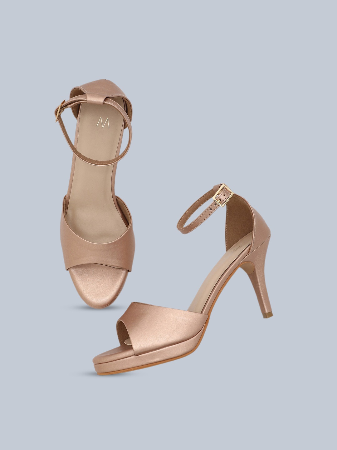 

W Open Toe Ankle Looped Slim Heels, Rose gold