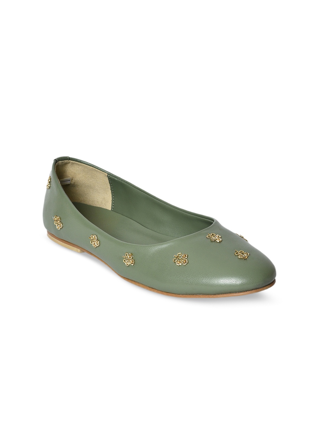 

W Stones And Beads Embellished Ballerinas, Olive