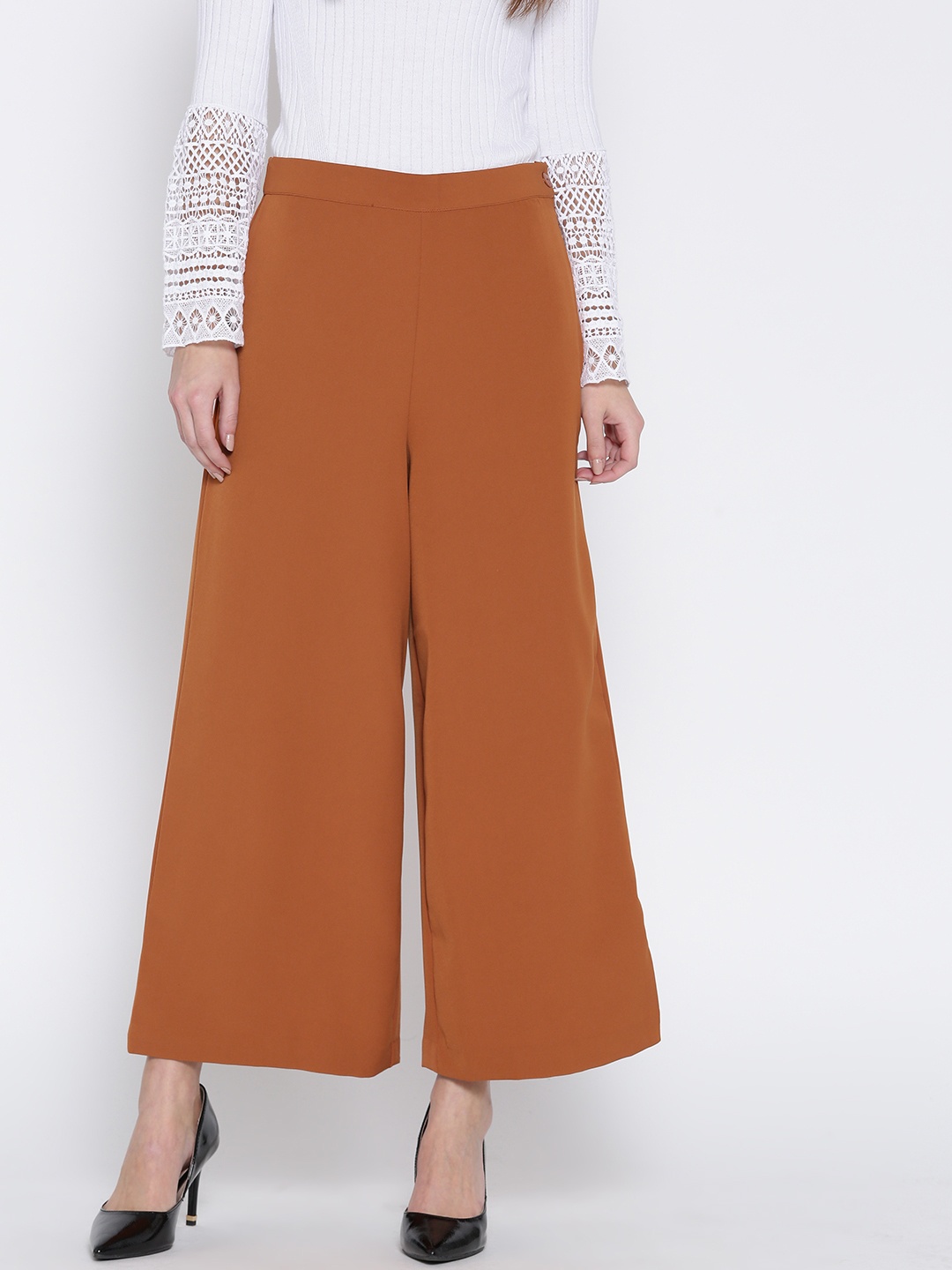 

W Women Rust Orange Solid Flared Palazzos