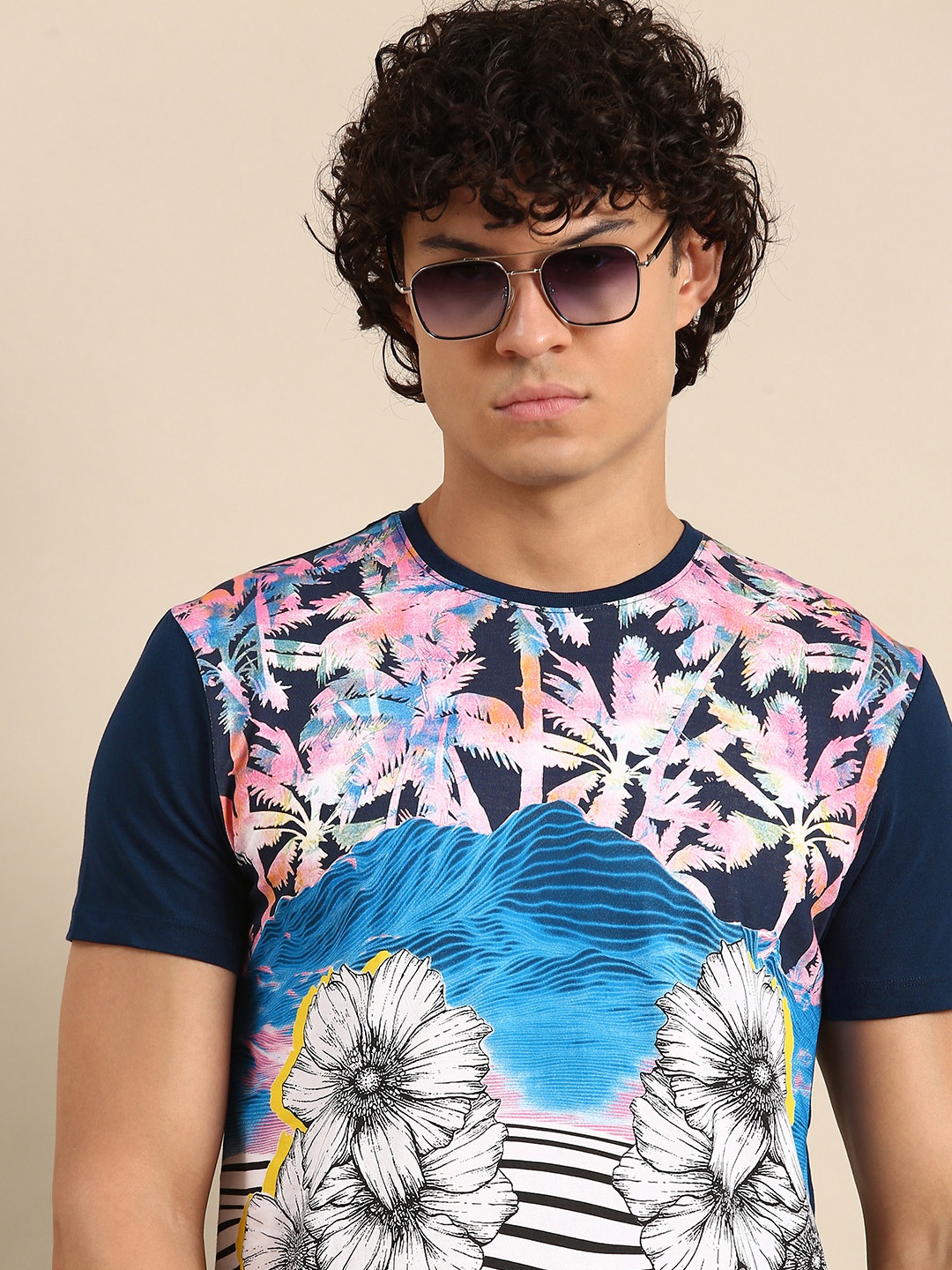 

Being Human Tropical Printed Pure Cotton T-shirt, Navy blue