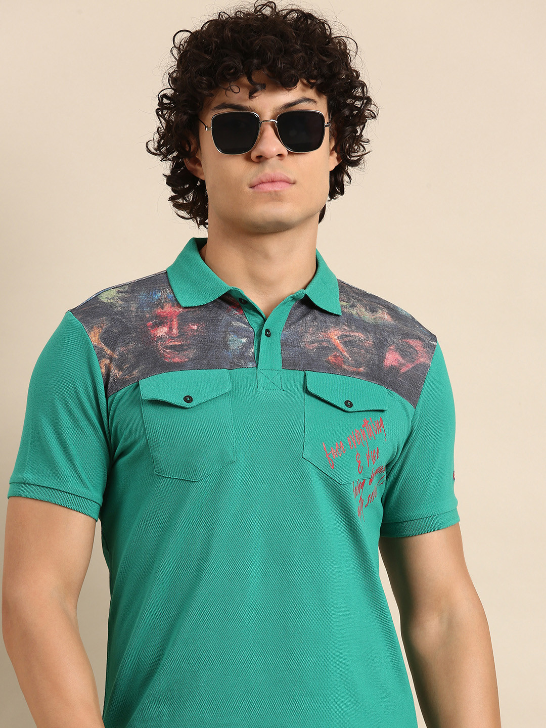 

Being Human Men Pure Cotton Printed Polo Collar Chest Pockets T-shirt, Green