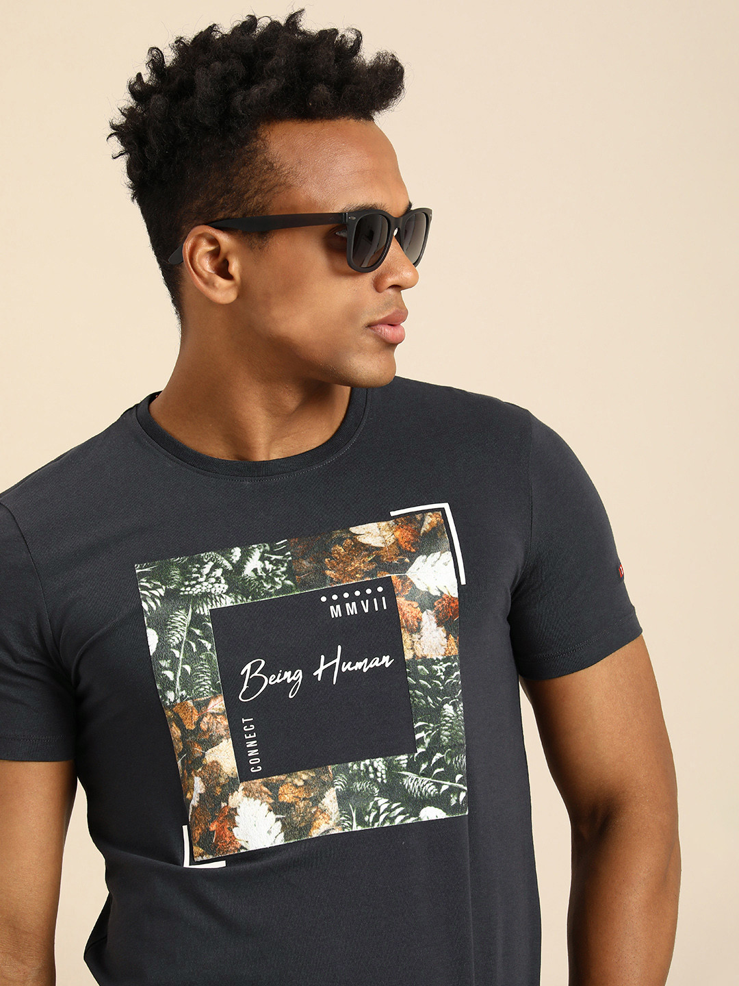 

Being Human Men Brand Logo Printed T-shirt, Charcoal