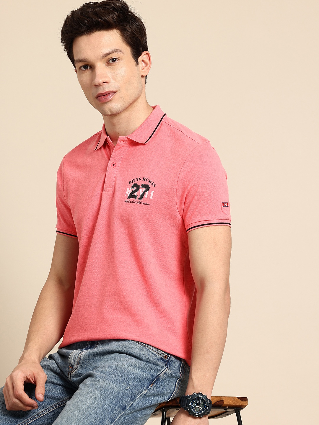 

Being Human Polo Collar Pure Cotton T-shirt, Coral