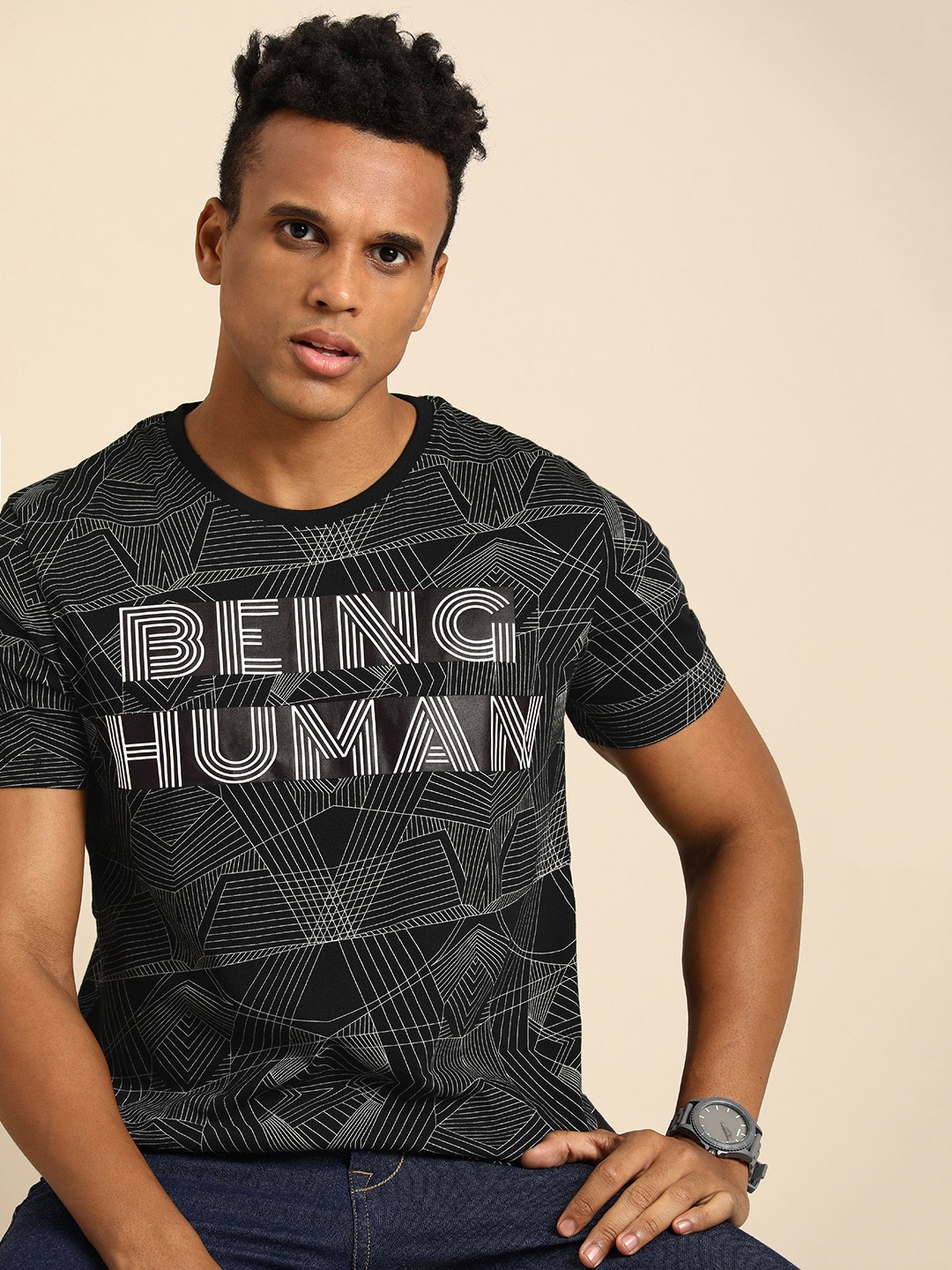 

Being Human Men Brand Logo Printed Pure Cotton T-shirt, Black
