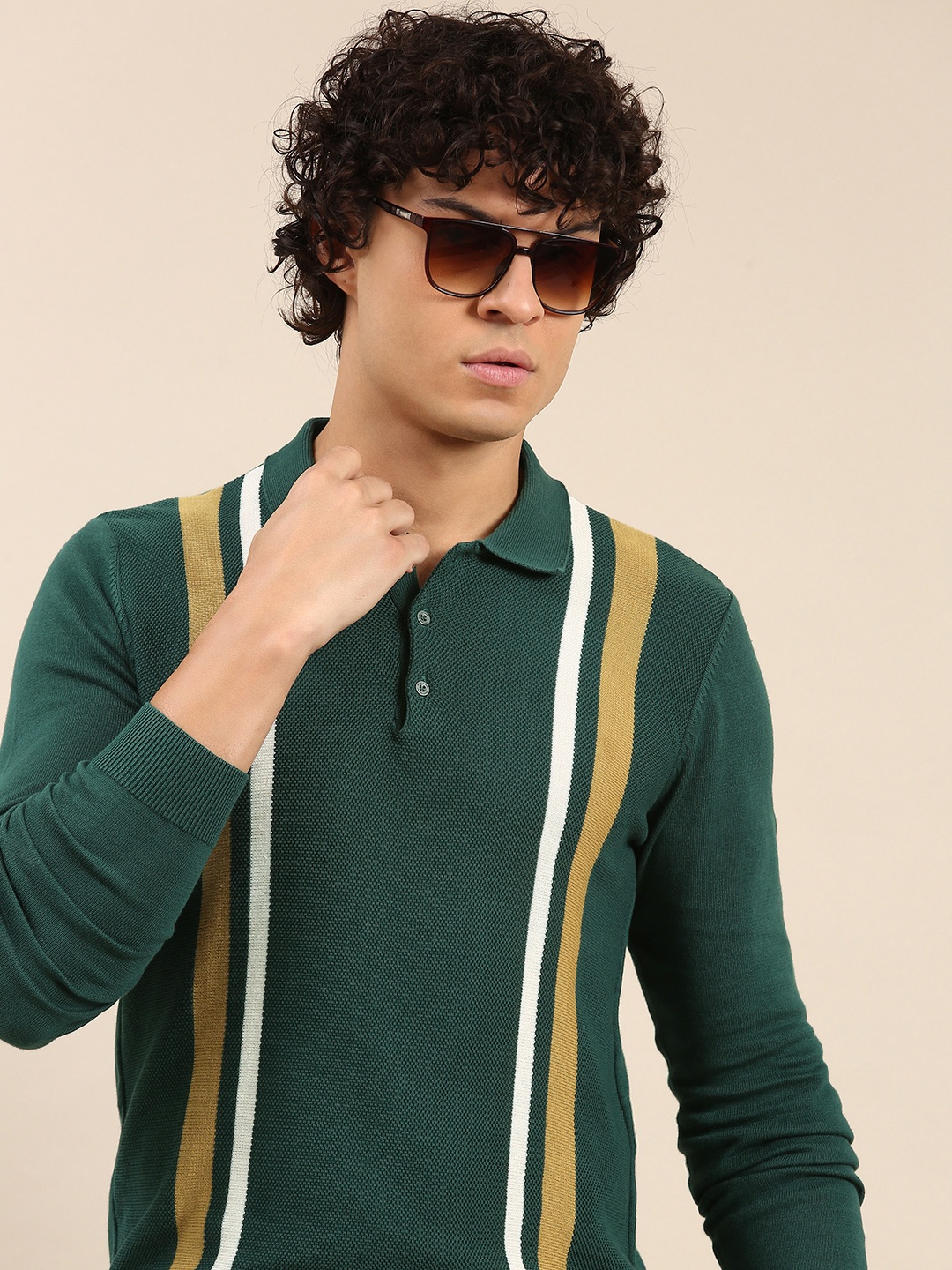 

Being Human Striped Polo Collar Pure Cotton T-shirt, Green