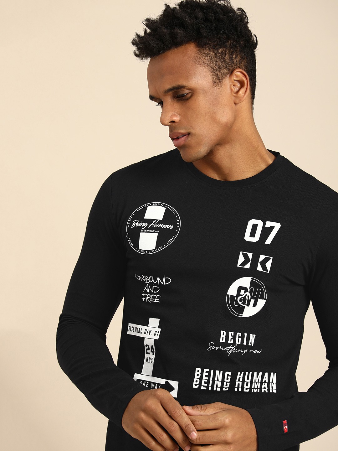 

Being Human Men Brand Logo Printed Pure Cotton T-shirt, Black