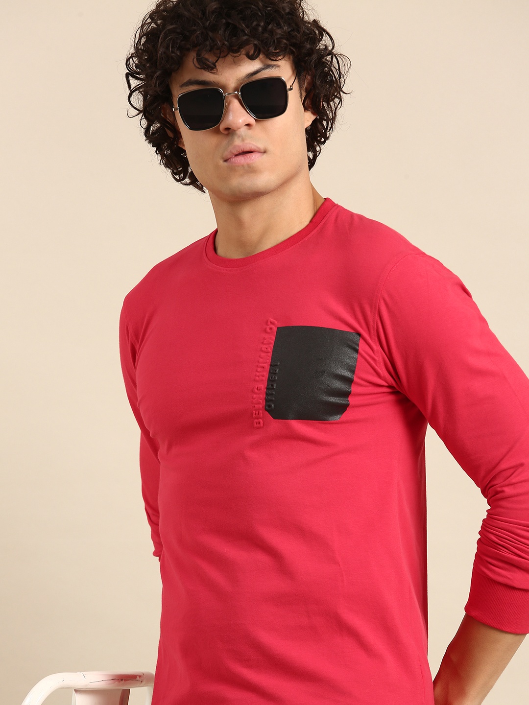 

Being Human Embossed Detail Patchwork Round Neck T-shirt, Red