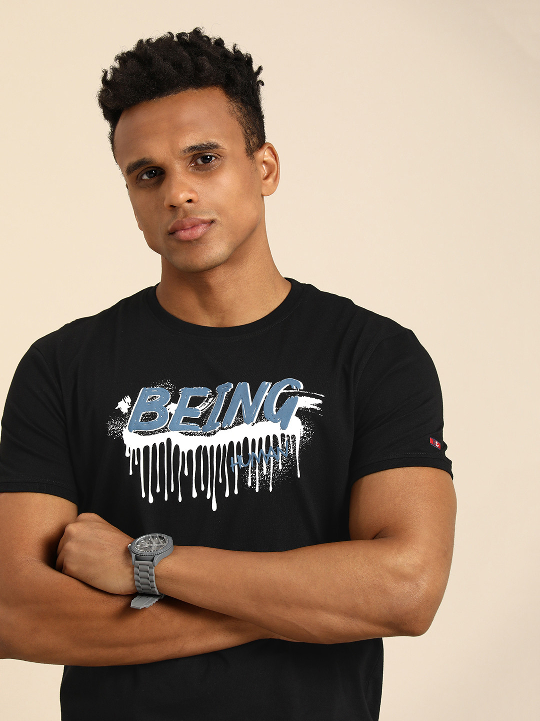 

Being Human Men Brand Logo Printed Pure Cotton Applique T-shirt, Black