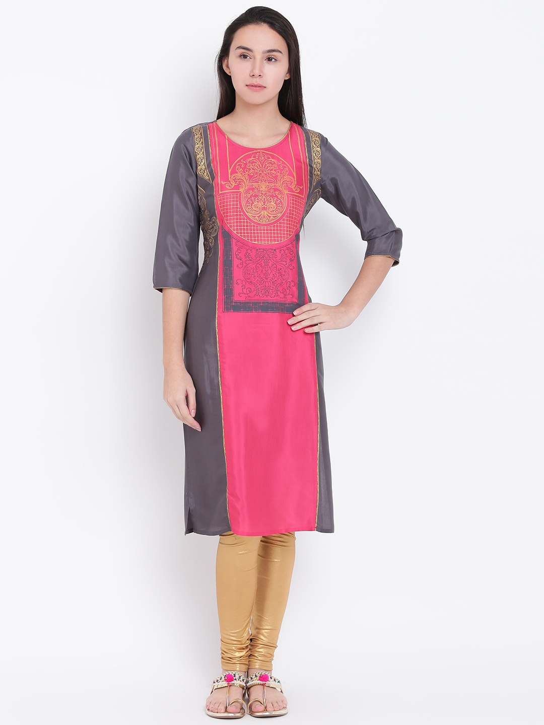 

AURELIA Women Grey & Pink Printed Straight Kurta