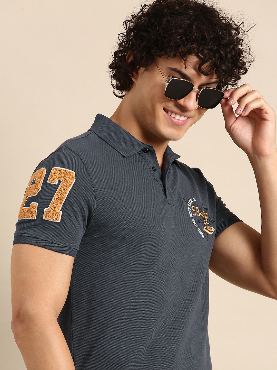 

Being Human Brand Logo Embroidered Polo Collar Pure Cotton Slim Fit T-shirt, Grey