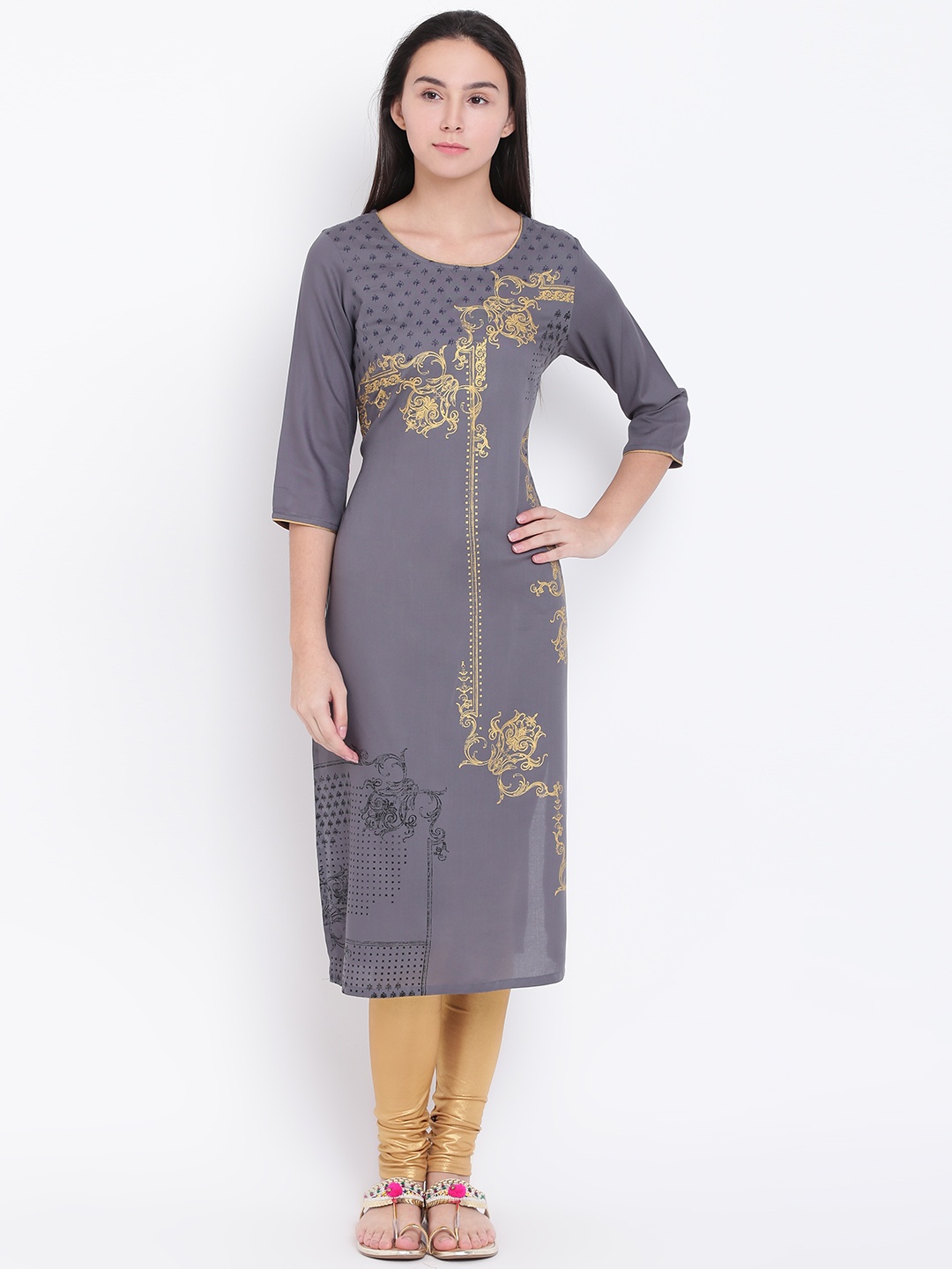 

AURELIA Women Grey Printed Straight Kurta